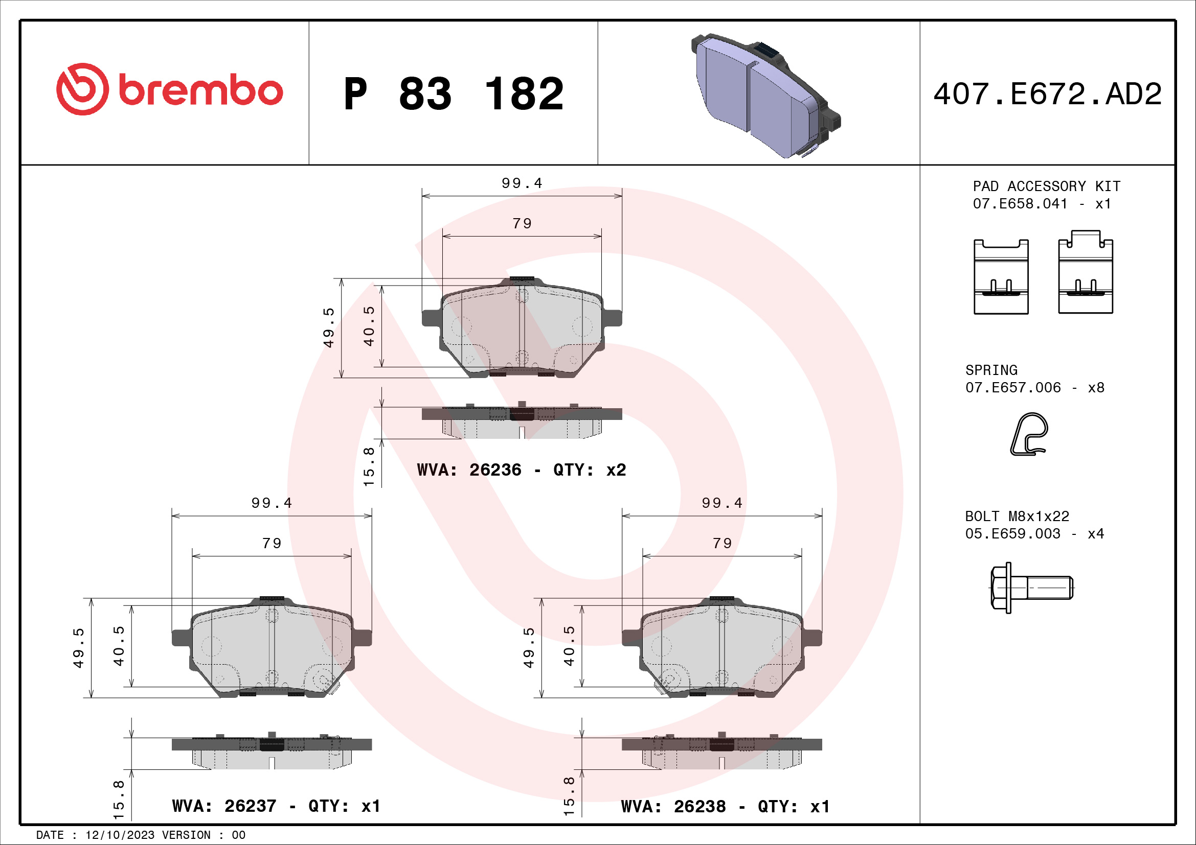 set placute frana,frana disc P 83 182 BREMBO