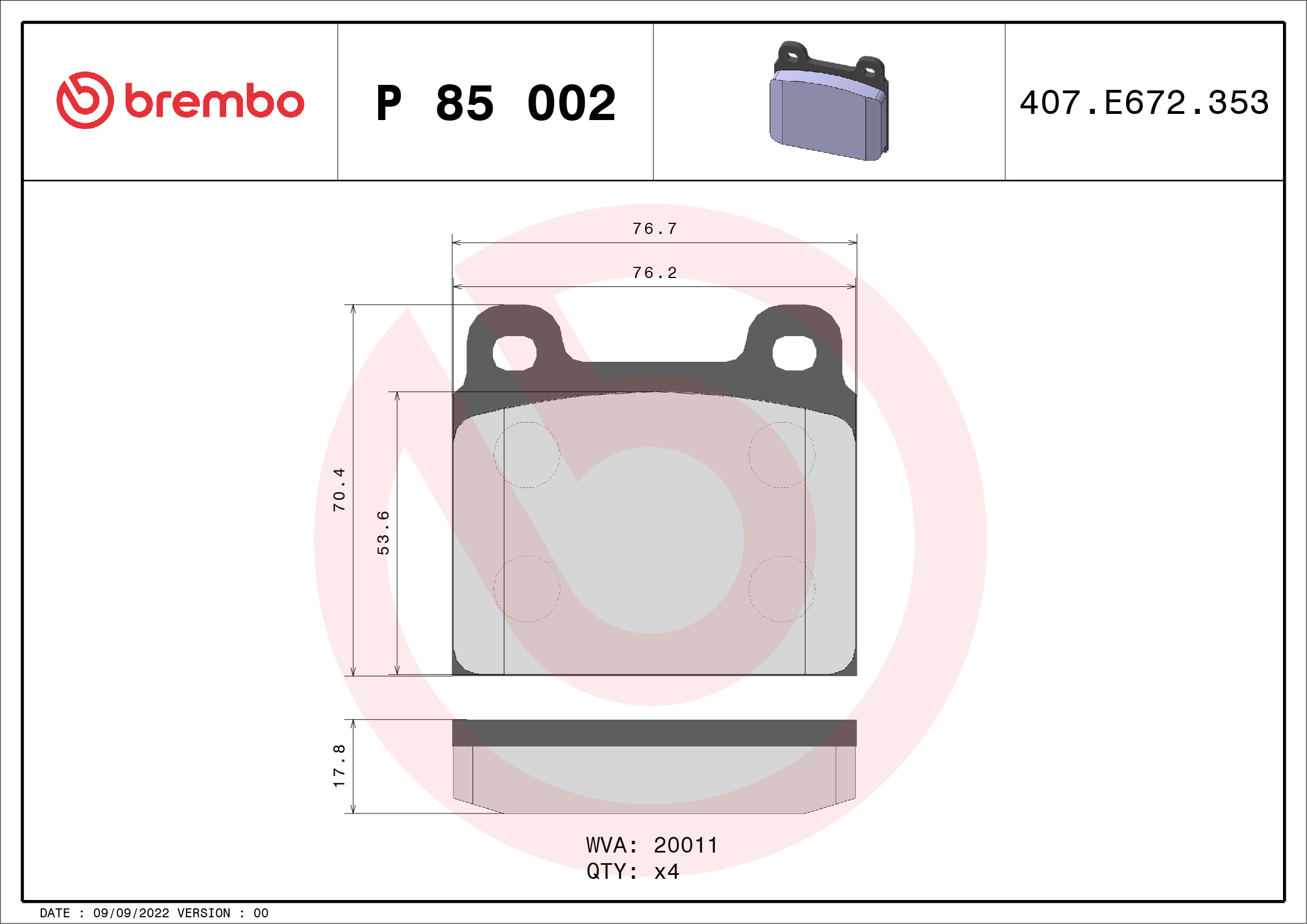 set placute frana,frana disc P 85 002 BREMBO