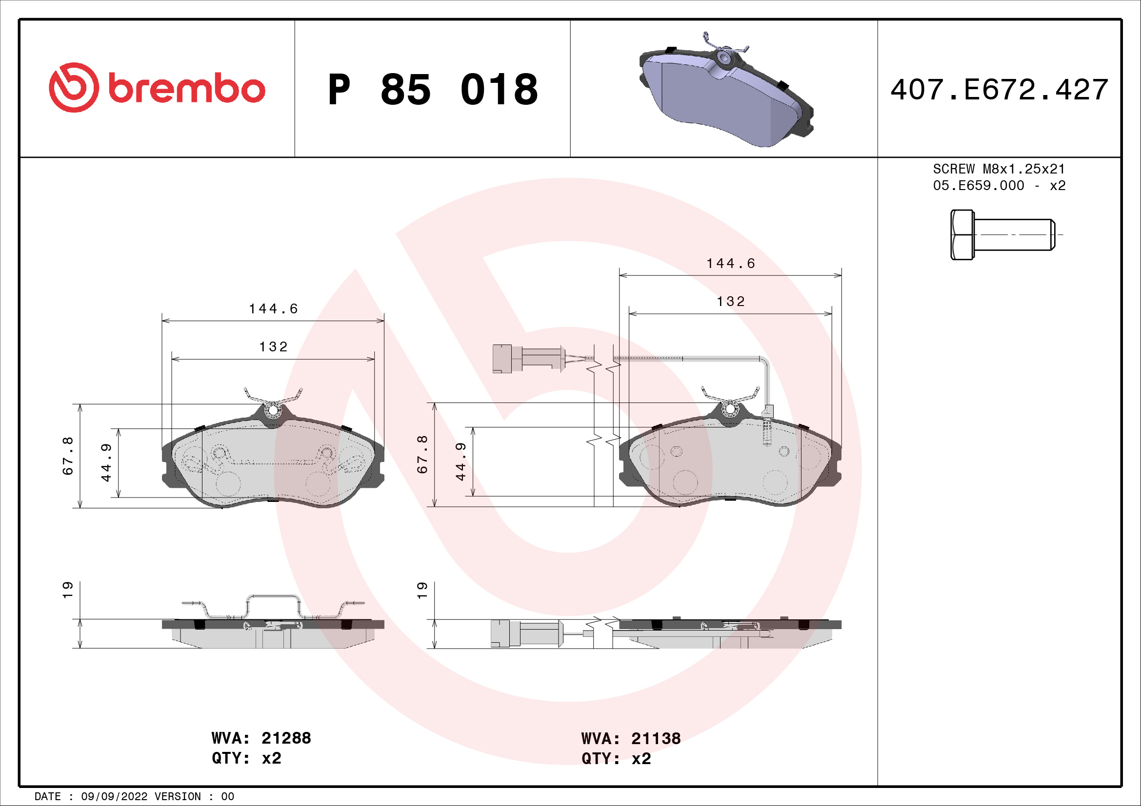 set placute frana,frana disc P 85 018 BREMBO