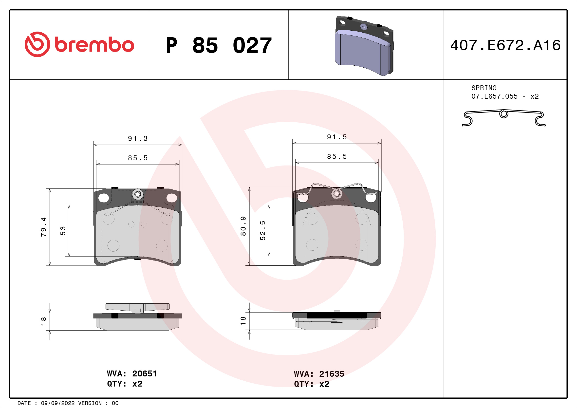 set placute frana,frana disc P 85 027 BREMBO