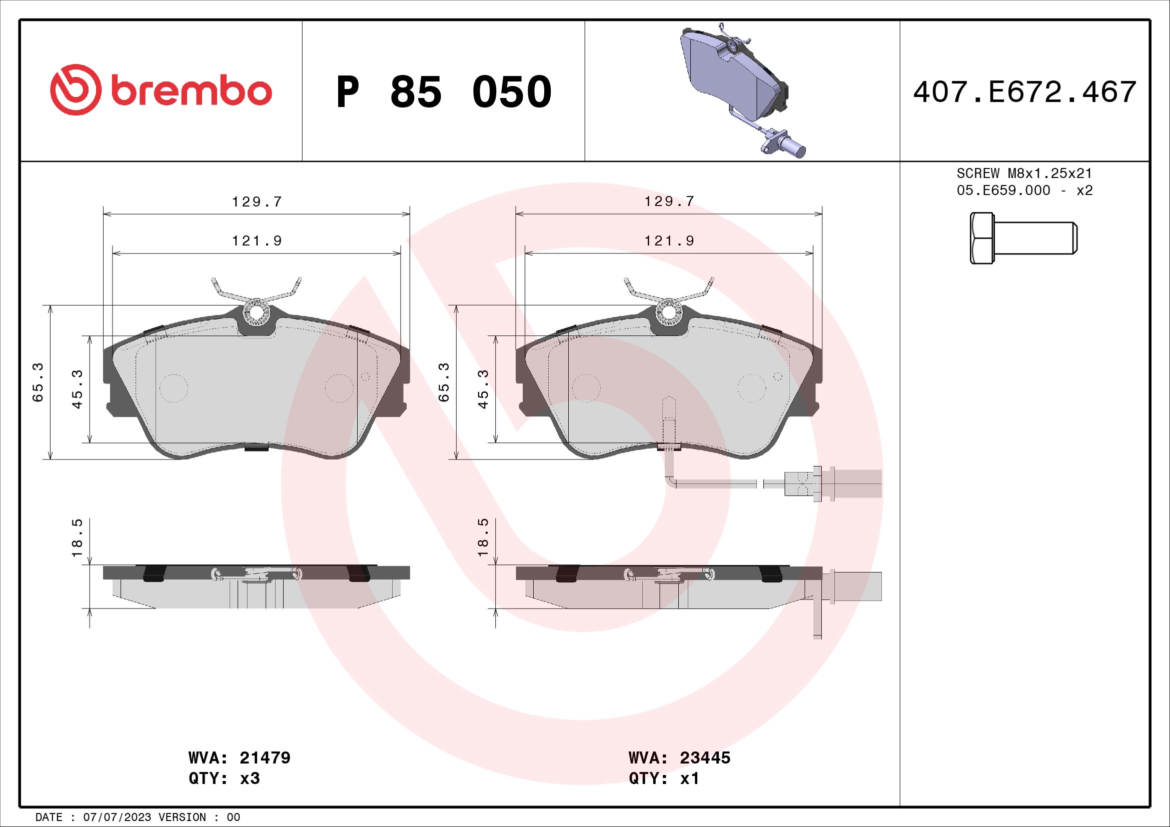 set placute frana,frana disc P 85 050 BREMBO
