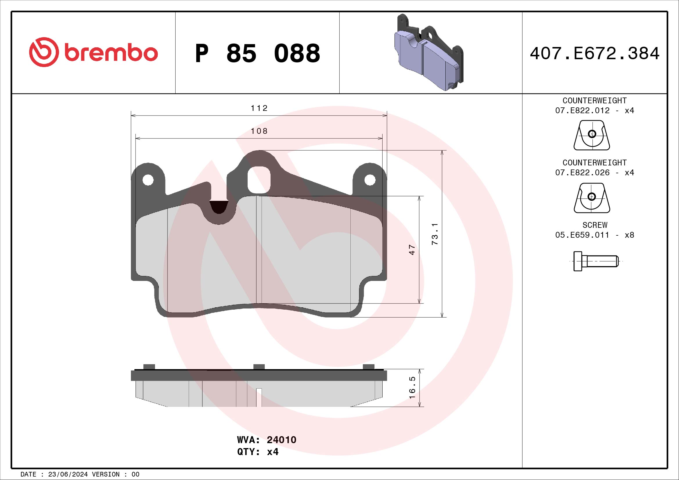 set placute frana,frana disc P 85 088 BREMBO