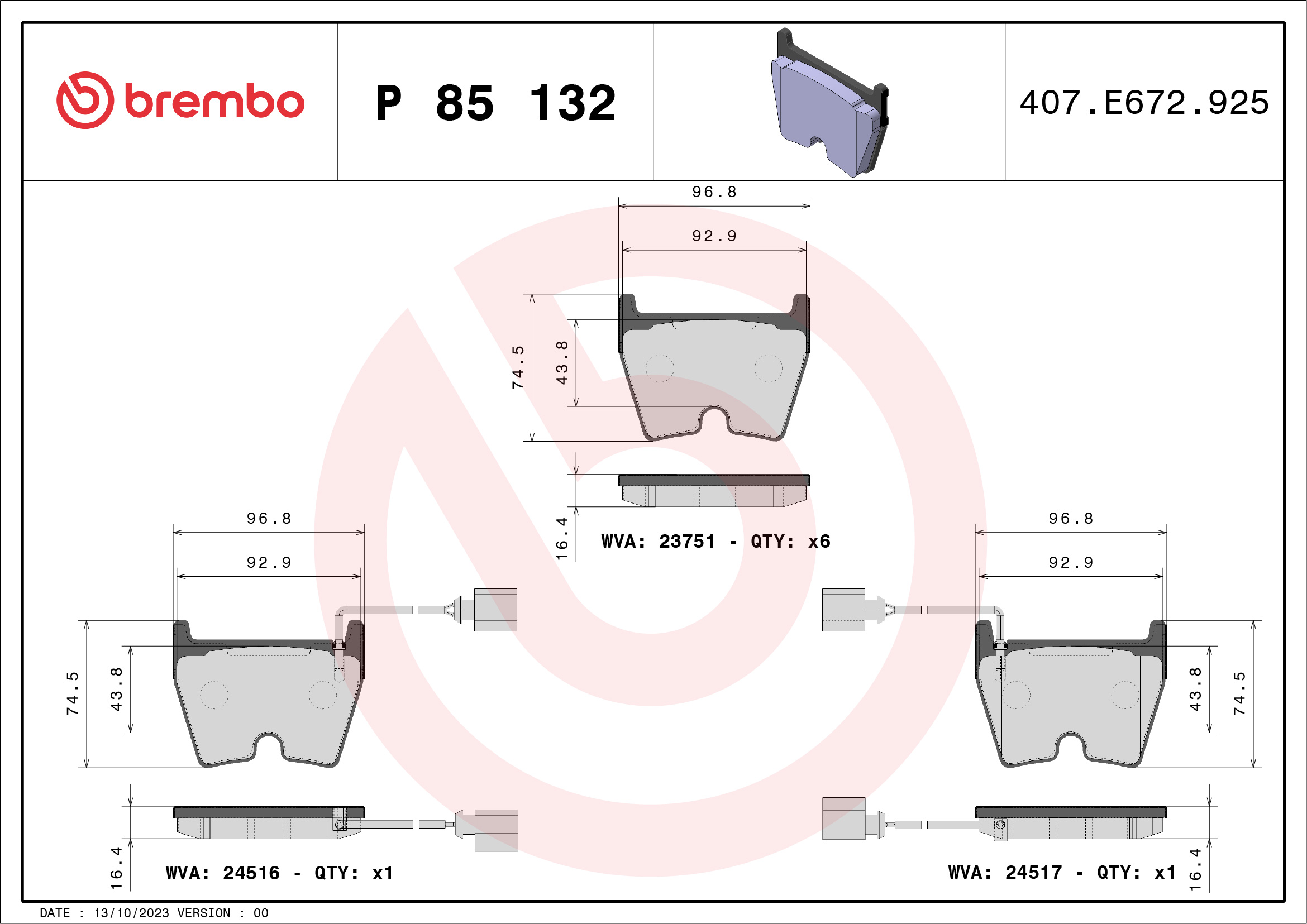 set placute frana,frana disc P 85 132 BREMBO