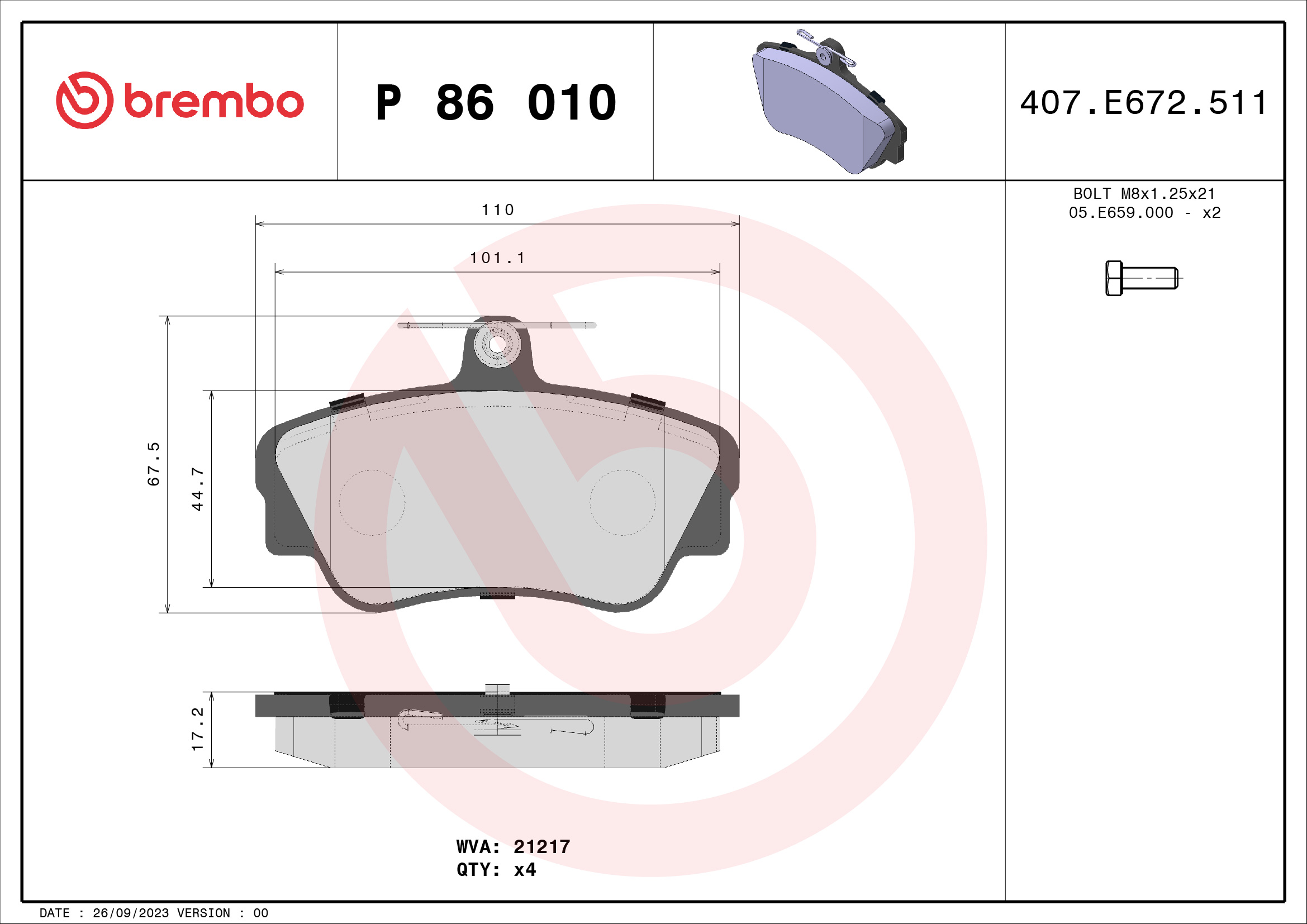 set placute frana,frana disc P 86 010 BREMBO