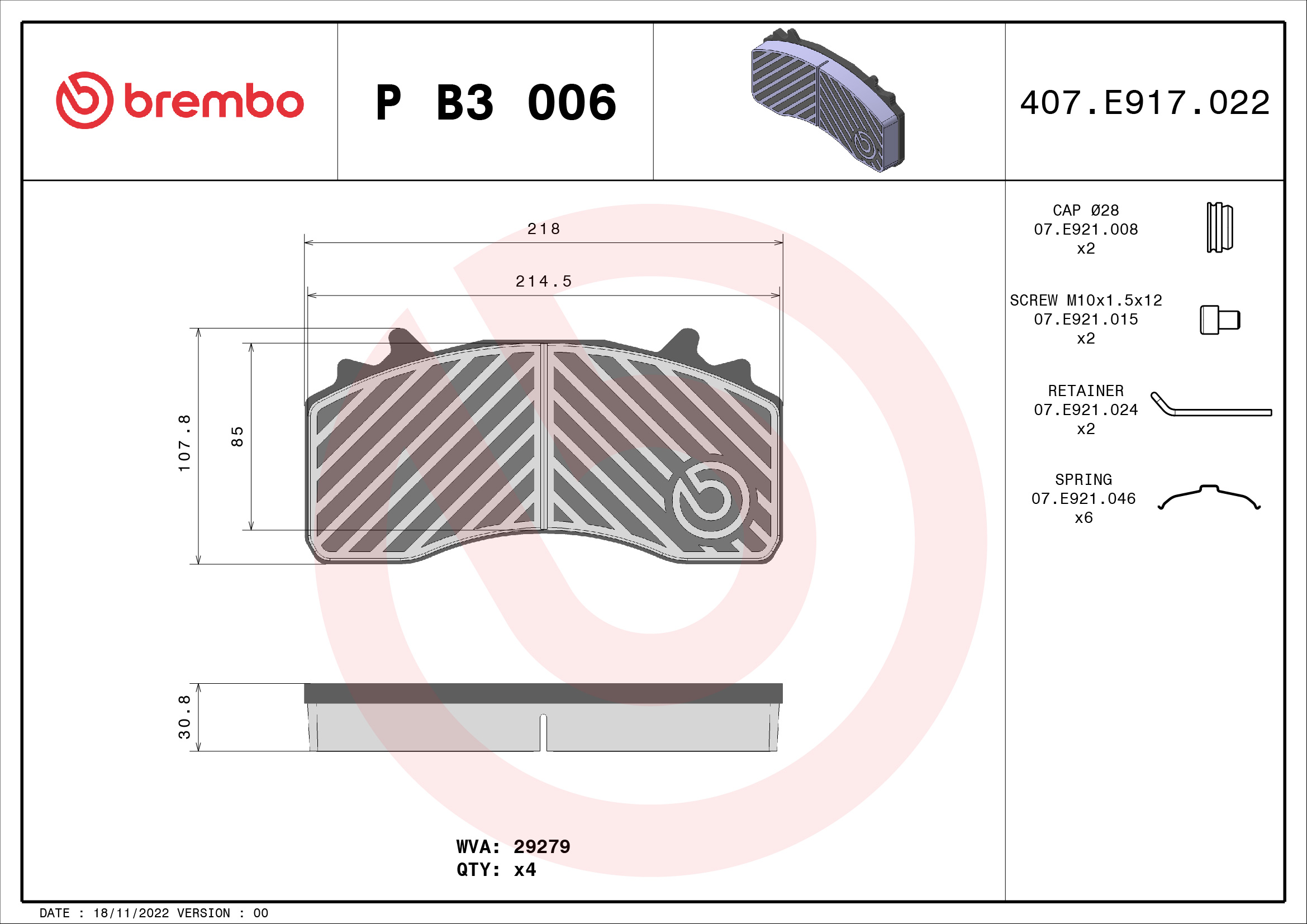 Set placute frana,frana disc P B3 006 BREMBO