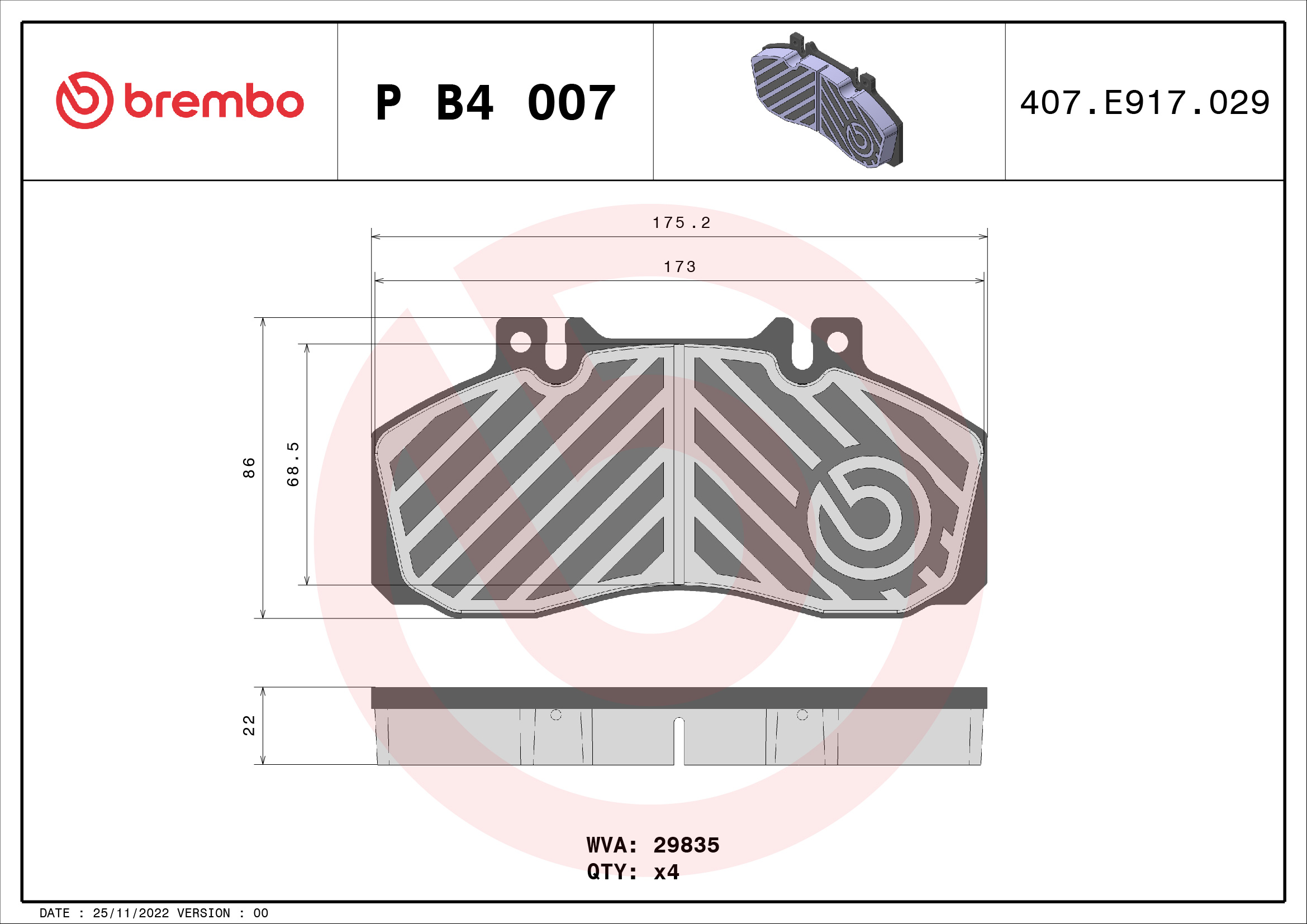 set placute frana,frana disc P B4 007 BREMBO