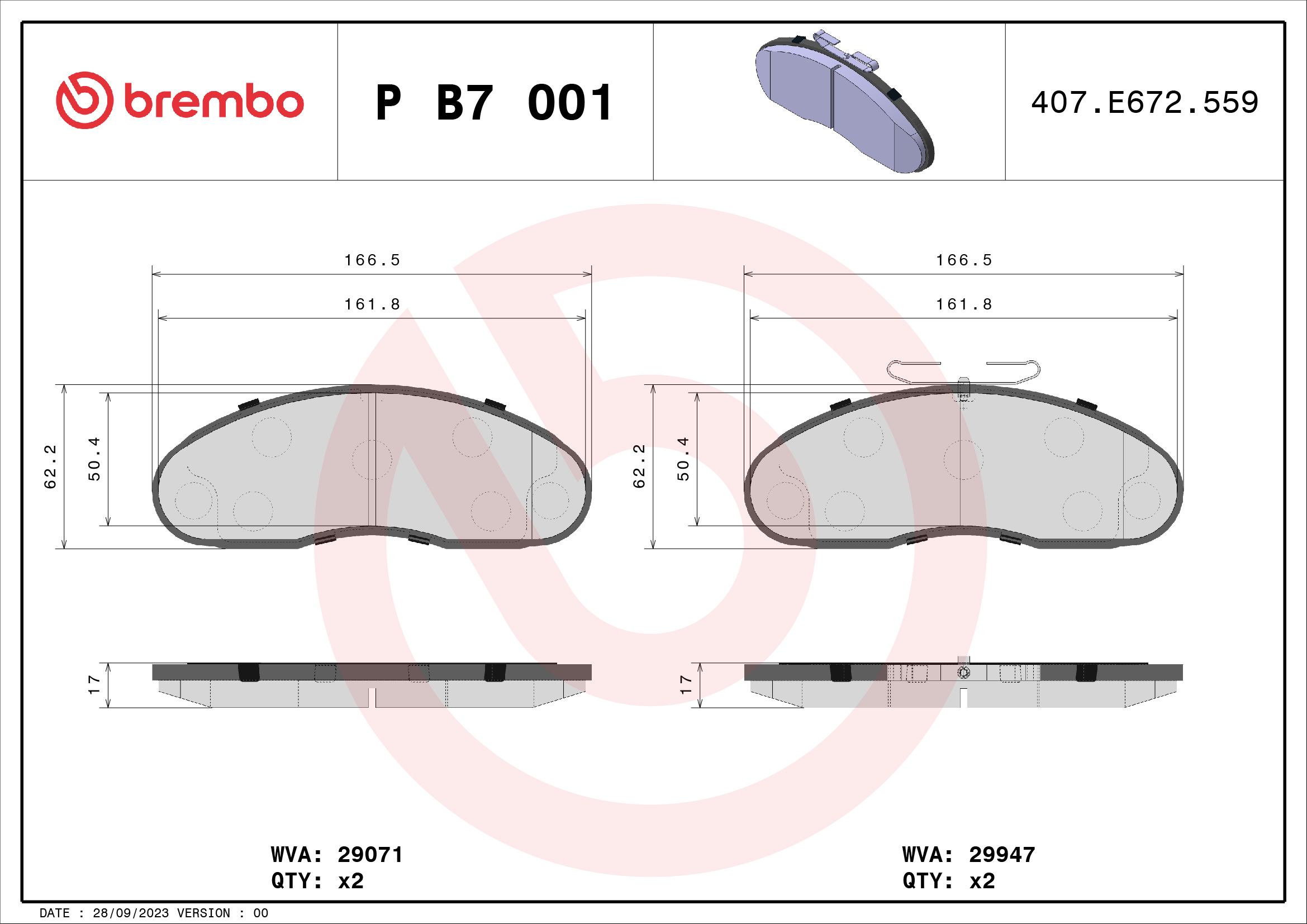 set placute frana,frana disc P B7 001 BREMBO