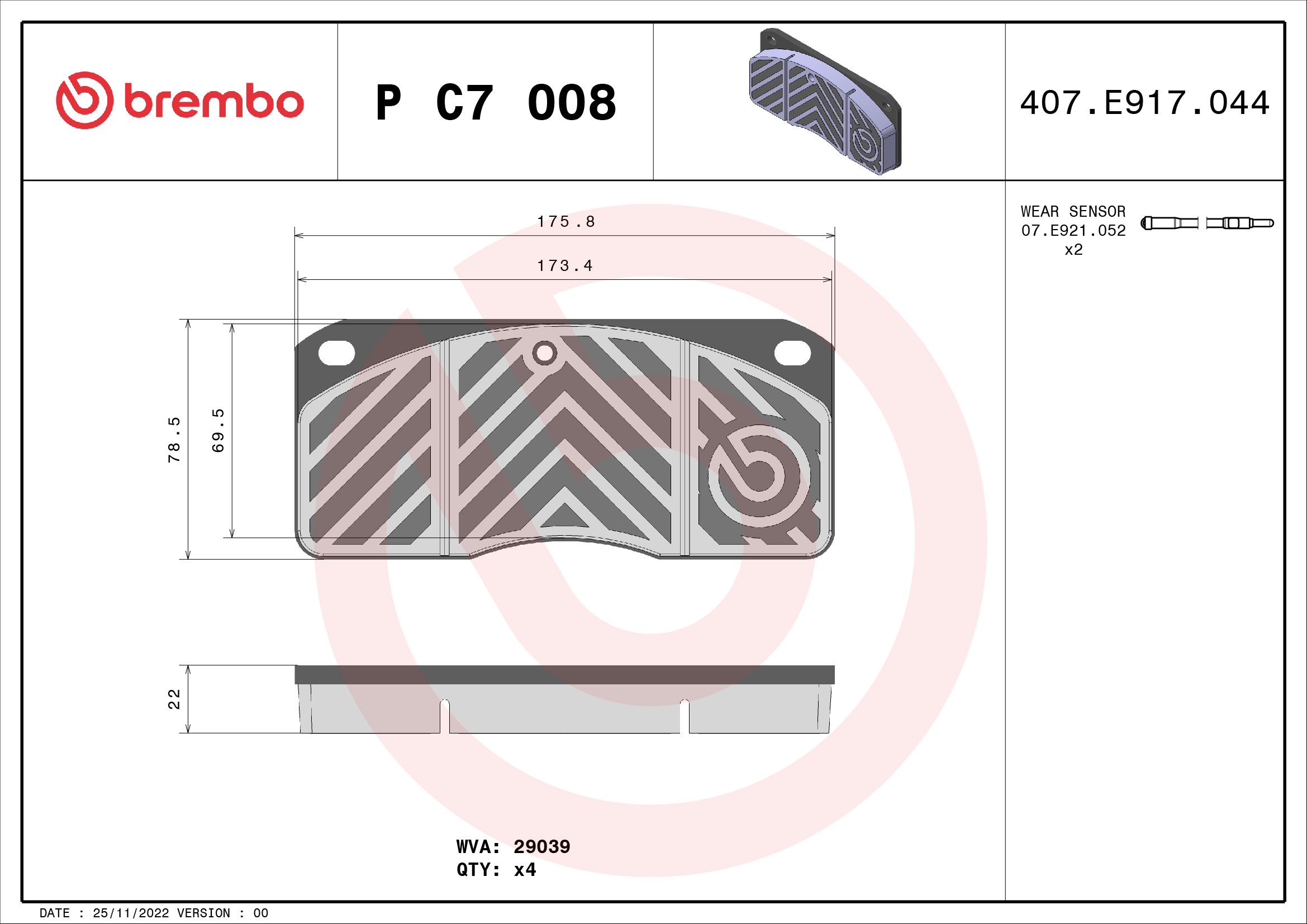 set placute frana,frana disc P C7 008 BREMBO